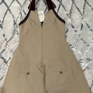 Zara Tan and Red Dress with Halter Neckline